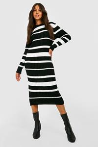 Boohoo Gebreide Gestreepte Midi Jurk, Black