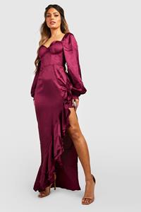 Boohoo Satijnen Maxi Jurk Met Korset Detail En Ruches, Berry