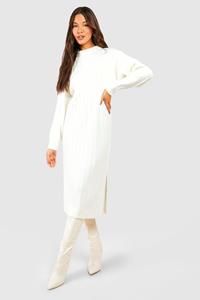 Boohoo Dikke Geribbelde Zachte Gebreide Midi Jurk, Cream