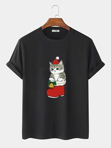 ChArmkpR Mens Cute Christmas Cat Graphic Crew Neck Short Sleeve T-Shirts Winter