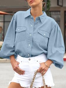 ZANZEA Women Solid Lapel Flap Pocket Long Sleeve Denim Shirt
