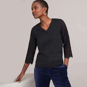 ANNE WEYBURN Trui met V-hals, fijn tricot, 3/4 mouwen in kant