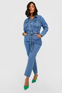 Boohoo Plus Toelopende Cargo Denim Overall Met Ceintuur, Blue