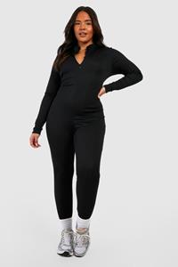 Boohoo Plus Basic Geribbelde Skinny Fit Jumpsuit Met Rits, Black