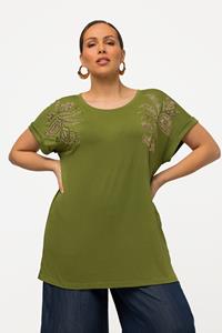 Ulla Popken Rundhalsshirt T-Shirt Cut-Out gekräuselte Schulter Halbarm