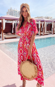 Jurkjes V-hals Maxi Print Jurk Anouk Fuchsia
