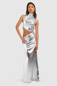 Boohoo Metallic Pu High Neck Cut Out Maxi Dress, Silver