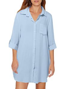 Auxo Women Solid Button Front Curved Hem Long Sleeve Longline Shirt
