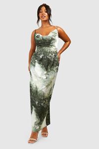 Boohoo Plus Marble Printed Satin Maxi Dress, Green