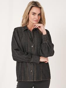 REPEAT cashmere Denim blouse met pofmouwen