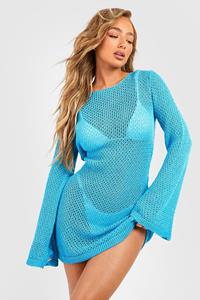 Boohoo Gehaakte Gebreide Mini Strand Jurk Met Wijde Mouwen, Turquoise