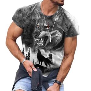 Kukebang Summer Animal Wolf Print Men's T Shirt Round Neck Short Sleeve Loose Tops Casual Male Tees Oversized T Shirts 6XL