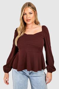 Boohoo Plus Drape Detail Corset Peplum Top, Chocolate