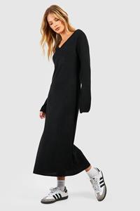 Boohoo Gebreide Midaxi Jurk Met Wijde Mouwen, Black