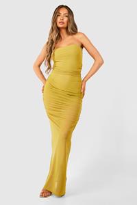 Boohoo Bandeau Ruched Mesh Maxi Dress, Olive