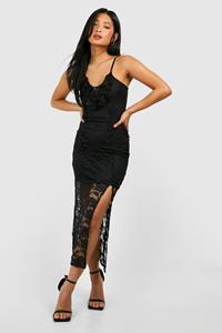 Boohoo Petite Lace Ruffle Split Leg Midaxi Dress, Black