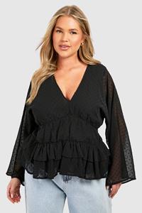 Boohoo Plus Dobby Plunge Waistband Peplum Top, Black