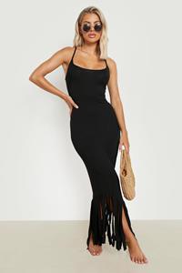 Boohoo Maxi Strand Jurk Met Bandjes En Kwastjes, Black