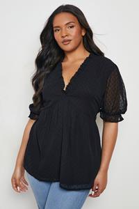Plus Dobby Peplum Top Met Ruches, Black