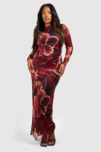 Boohoo Plus Mesh Bloemen Maxi Jurk Met Laag Uitgesneden Rug, Black