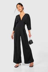 Boohoo Petite Angel Sleeve Wide Leg Satin Jumpsuit, Black
