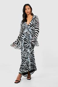 Boohoo Petite Plunge Ruffle Flare Sleeve Woven Maxi Dress, Black
