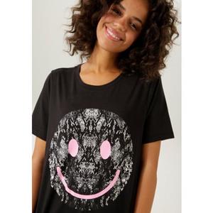 Aniston CASUAL T-shirt met smiley print in animal look op de voorkant