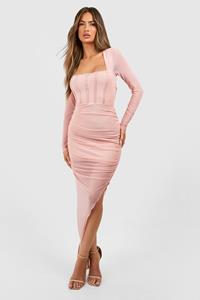 Boohoo Squae Neck Rouched Mesh Assymetric Maxi Dress, Rose