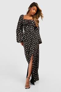 Boohoo Ditsy Balloon Sleeve Milkmaid Maxi Dress, Black