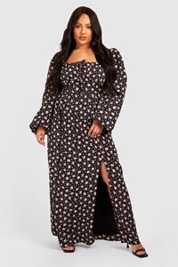 Boohoo Plus Ditsy Balloon Sleeve Milkmaid Maxi Dress, Black
