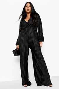 Boohoo Plus Geplooide Plisse Wide Leg Wikkel Jumpsuit, Black