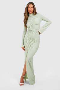 Boohoo Crinkle Ruched Long Sleeve Maxi Dress, Sage