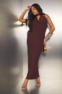 Boohoo Plus Drape Halterneck Slinky Maxi Dress, Cherry