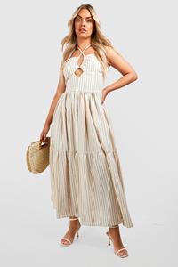 Boohoo Plus Geweven Gestreepte Maxi Jurk Met Halter Neck, Neutral