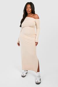 Boohoo Plus Ruched Bardot Long Sleeve Maxi Dress, Stone