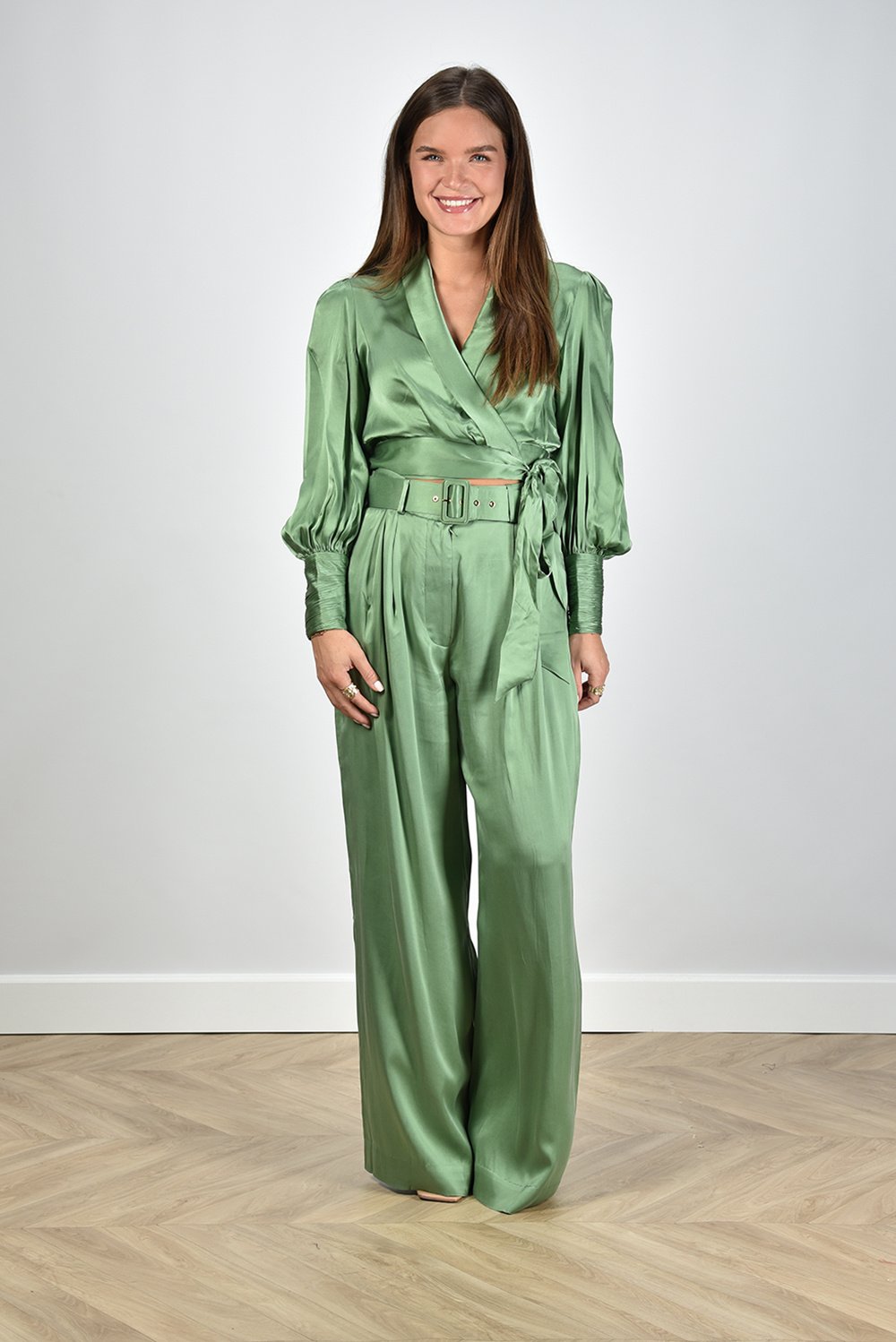 Zimmermann broek Silk Tuck taille met ceintuur groen