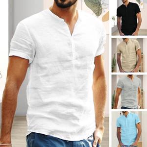 Selling Clothing Men Summer Shirt Solid Color Stand Collar Button Short Sleeves Thin Daily Wear Slim Fit V Neck Men Summer Top Men Garment