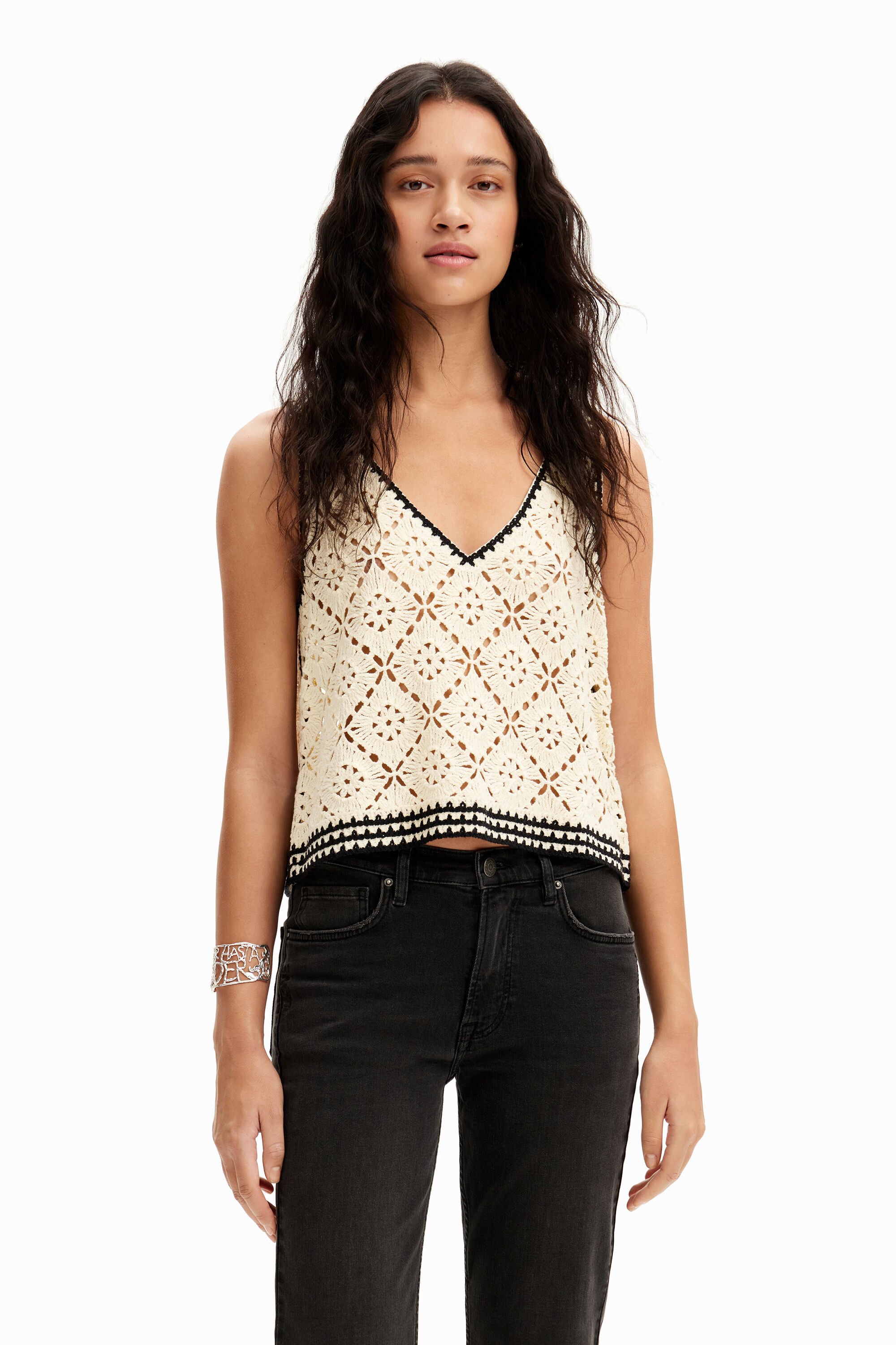 Desigual Crochet T-shirt schouderbandjes - WHITE