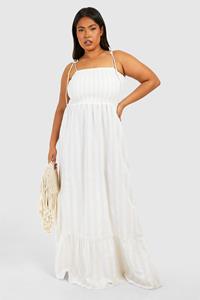 Boohoo Plus Linen Look Shirred Stripe Bandeau Maxi Dress, Stone