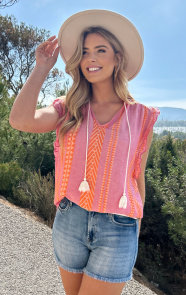 The Musthaves Kelim Ruffle Top Pink Orange
