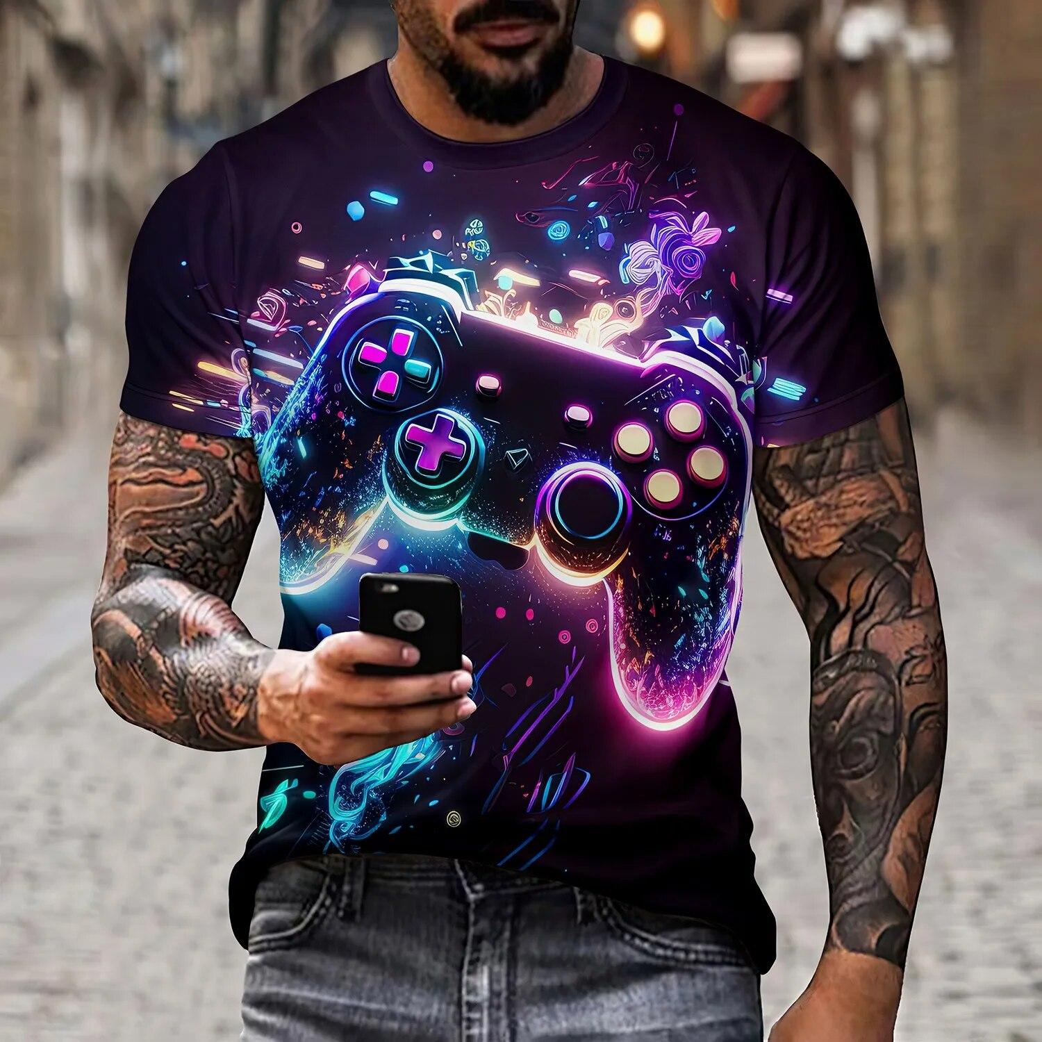 Bobby 2 Men's artistic color entertainment game controller pattern line splicing T-shirt 3D printing casual short sleeved fashionable pe