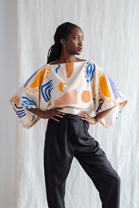 Jyoti Fair Works Damen vegan Bluse Risay Blockprint Orange, Blau & Creme