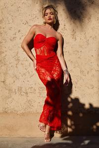 Boohoo Bandeau Twist Lace Maxi Dress, Red