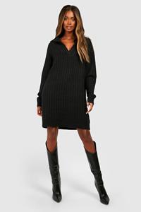 Boohoo Zachte Geribbelde Gebreide Trui Jurk Met Kraag, Black