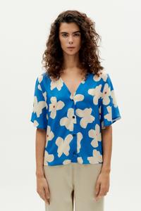 Thinking mu Damen vegan Bluse Floral Schmetterling Libelle Blau