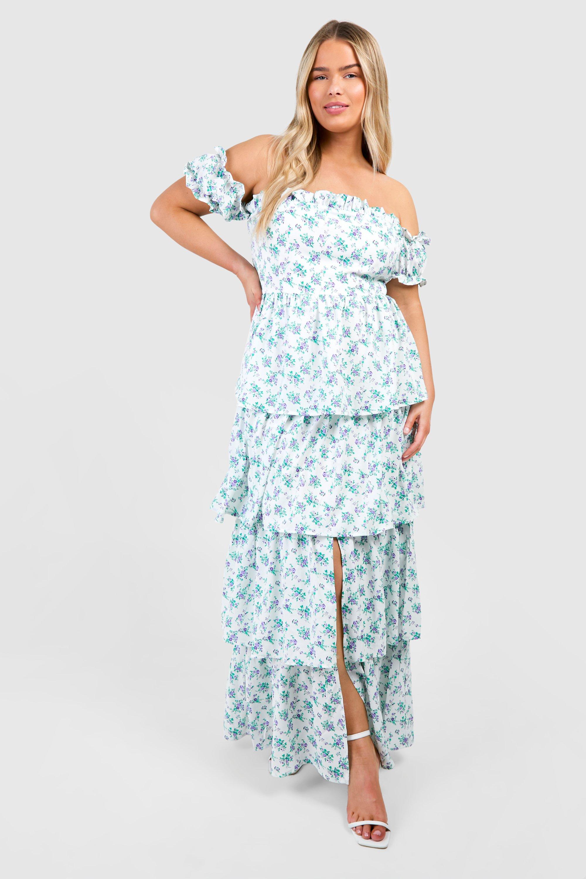 Boohoo Plus Off The Shoulder Ruffle Maxi Dress, Ivory