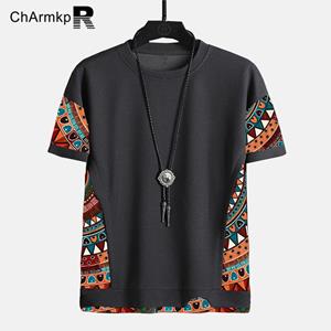 ChArmkpR Men Ethnic Print Stitching Short Sleeve T Shirts