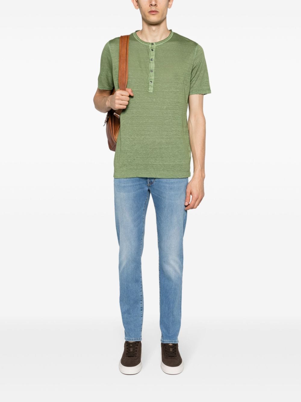 120% Lino buttoned linen T-shirt - Groen