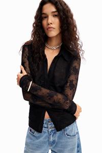 desigual Gebloemd gerimpeld tulen T-shirt - BLACK