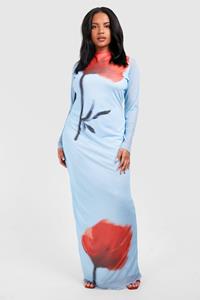 Boohoo Plus Floral Mesh Low Back Maxi Dress, Blue
